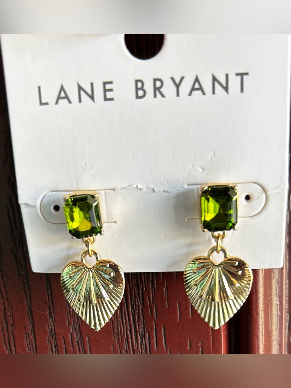 Lane Bryant Gold Heart Earrings with Olive Green Gem - Picture 4 of 6